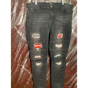 Switch Remarkable Mens 42x34 Black Distressed Biker Moto Jeans Red Splatter Slim